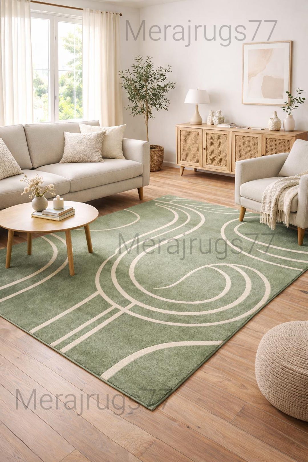 Sage Green Hand Tufted Wool Rug, Modern Abstract Line Area Rug ...