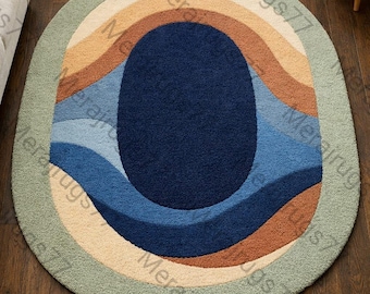 Moderner Abstrakter Ovaler Teppich, Handgetufteter Wollteppich, Blau Grün Beige Geometrische Teppich Wohnzimmer Schlafzimmer Dekor