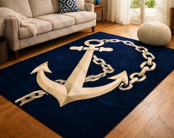 Marineblauw ankertapijt handgetuft wollen tapijt, nautisch kusttapijt, tapijt oceaanthema, strandhuisdecor, vloerkleed woonkamer