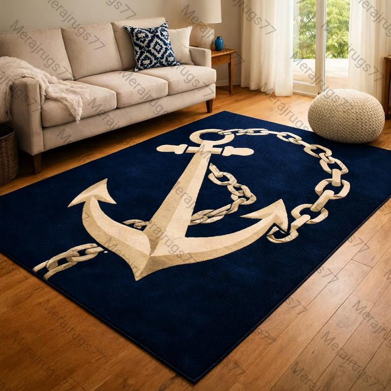 Navy Anchor Rug Hand Tufted Wool Carpet, Nautical Coastal Rug, Ocean ...
