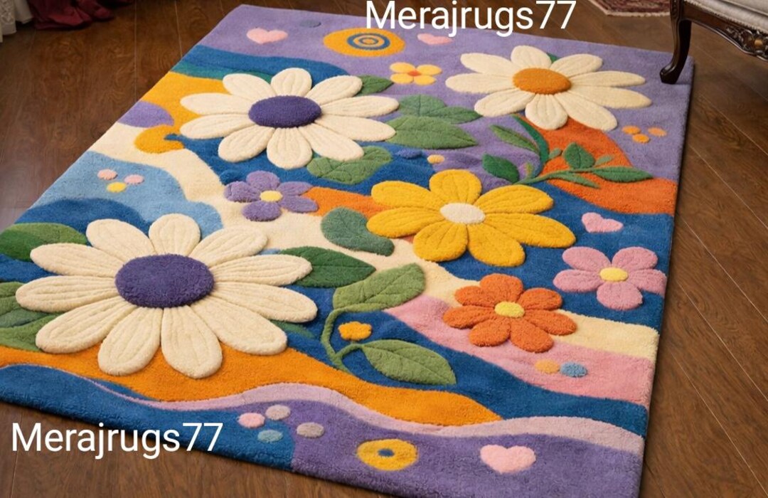 Fun Daisy Rug Handmade Tufted Rug Colorful Daisy Flower Rug, Floral Area Rug, Kids ...