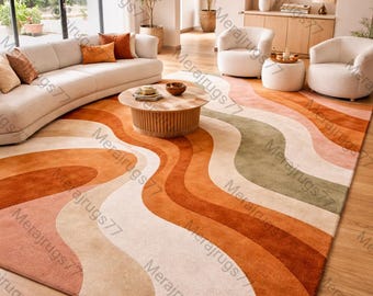 May include: A large, colorful area rug with a wavy, retro design. The rug features stripes of orange, peach, beige, and green. The rug is placed on a hardwood floor in a living room setting.