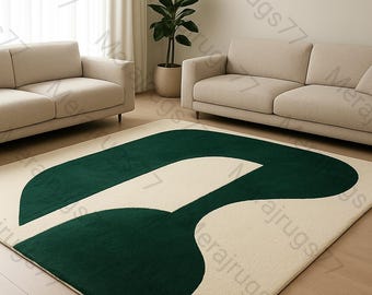 Hand Tufted Wool Rug, Green Cream Abstract Rug, Modern Area Rug, Minimalist Carpet, Custom Size Rug, Living Room Rug