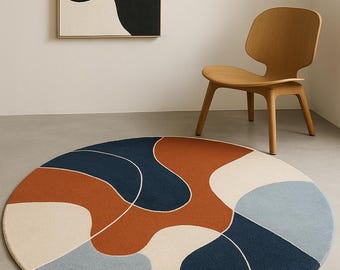 Abstract Round Area Rug, Modern Color Block Circle Rug, Mid Century Floor Carpet, Contemporary Living Room Rug, Designer Statement Rug