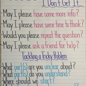 May include: A white poster board with black, pink, and blue handwritten text. The top section lists alternatives to saying I Don't Know or I Don't Get It, while the bottom section titled Tackling a Tricky Problem lists questions for problem solving.