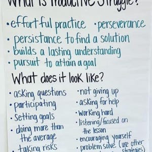 May include: A white poster with dark blue handwritten text titled What is Productive Struggle? It lists definitions including effortful practice, perseverance, and persistence to find a solution, followed by What does it look like? with bulleted points.