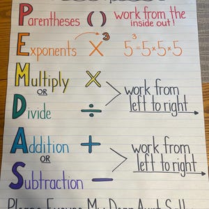 PEMDAS Order of Operations Solving Equations Mathematics Anchor Chart Classroom Teacher Learning Resource Poster 5th 6th Grade