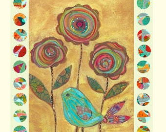 Bird with Chocolate swirl lollipop flowers fabric