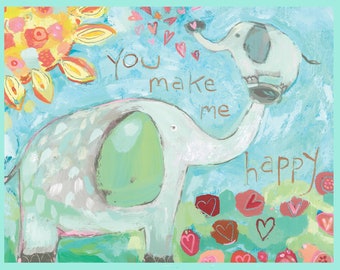 Happy Elephants You make me happy fabric panel 19" x 15" great for a pillowcase