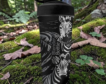 Zebra BlenderBottle Shaker Cup – Engraved Zebra Wildlife Wrap – 24oz Insulated Stainless Steel – Safari Animal Gift