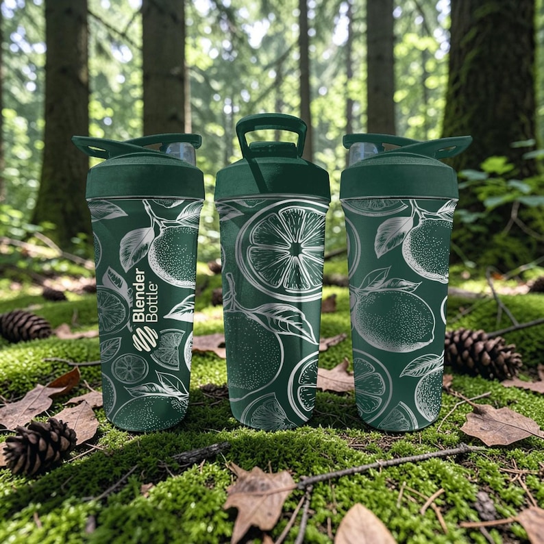 May include: Three green Blender Bottles with white citrus fruit illustrations. The bottles have a dark green lid and handle. The bottles are on a bed of green moss and leaves, with a forest background.