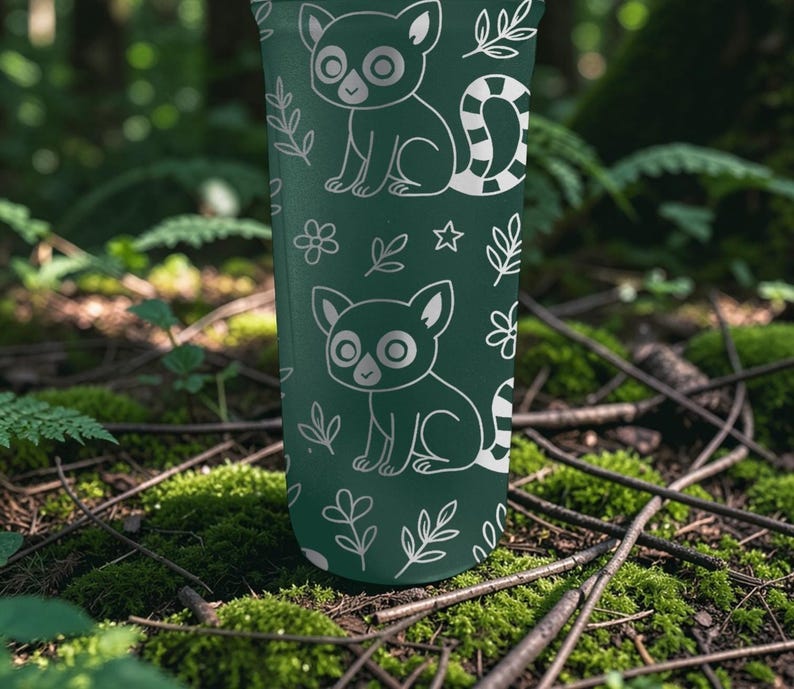 May include: A dark green tumbler featuring a repeating pattern of lemur illustrations and botanical elements in white. The lemurs have large eyes and striped tails. The design includes flowers, stars, and leaves.
