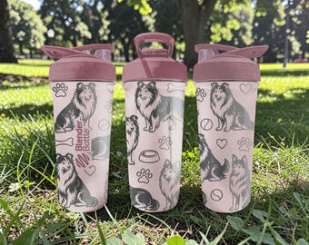 Shetland Sheepdog BlenderBottle Shaker Cup – Engraved Sheltie Dog Wrap – 24oz Insulated Stainless Steel – Gift for Dog Lovers