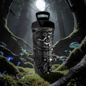 Pu&ograve; includere: Borraccia nera con manico e coperchio neri. La borraccia presenta un'illustrazione bianca di pipistrelli, fiori, una luna crescente e un topo. Lo sfondo &egrave; una foresta oscura con funghi luminosi e luna piena.