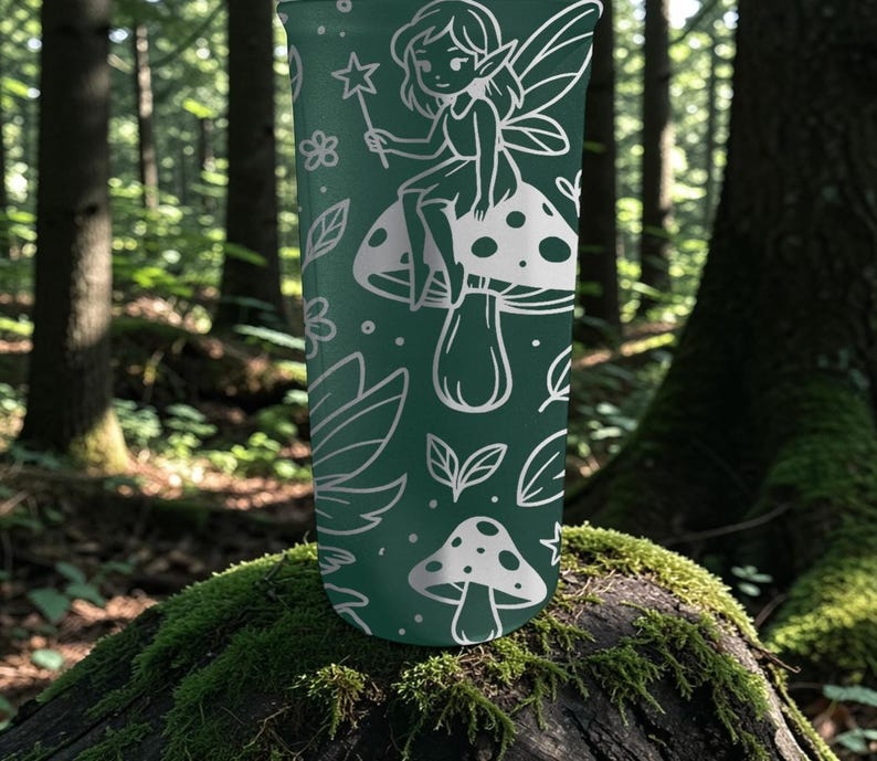 Puede incluir: Un vaso verde oscuro con una ilustraci&oacute;n blanca de un hada sentada en una seta, sosteniendo una varita m&aacute;gica. El dise&ntilde;o incluye hojas y flores. El vaso es cil&iacute;ndrico y parece ser de metal.