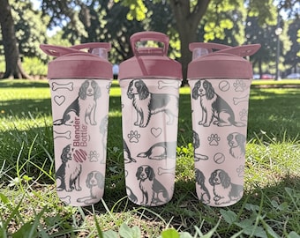 Cavalier King Charles Spaniel BlenderBottle Shaker Cup – Engraved Dog Wrap – 24oz Insulated Stainless Steel – Gift for Dog Lovers