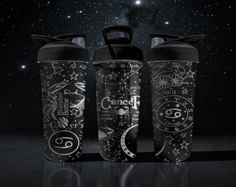 Copo Shaker BlenderBottle do Signo de Câncer – Envoltório Astrológico com Caranguejo de Câncer Gravado – Aço Inoxidável 710ml – Presente de Horóscopo para o Signo de Câncer