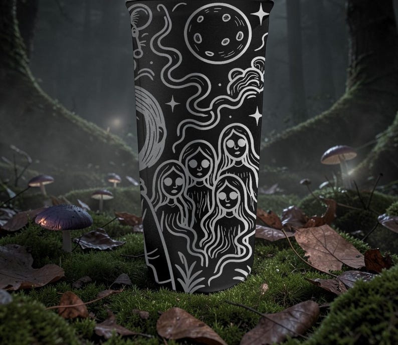May include: A black tumbler with a white illustration of celestial elements and figures. The design includes a moon, stars, and stylized women. The tumbler is cylindrical and stands upright against a forest backdrop with mushrooms and foliage.