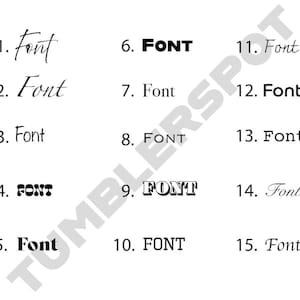 Pode incluir: Um fundo branco exibe 15 estilos de fonte diferentes em preto. A palavra "Font" &eacute; escrita em v&aacute;rios estilos cursivos, em negrito e decorativos. A imagem est&aacute; rotulada como "Tumblerspot".