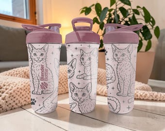 Devon Rex Cat BlenderBottle Shaker Cup – Engraved Devon Rex Cat Wrap – 24oz Insulated Stainless Steel – Curly Coat Cat Lover Gift