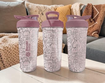 Cute Cat Pattern BlenderBottle Shaker Cup – Engraved Cat Doodle Wrap – 24oz Insulated Stainless Steel – Cat Lover Gift