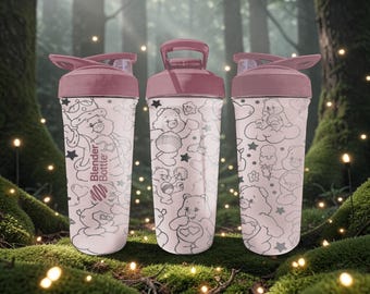 Retro 80s Rainbow Bear Inspired BlenderBottle Shaker Cup – Engraved Cute Cartoon Bear Wrap – 24oz Stainless Steel – Nostalgic Gift