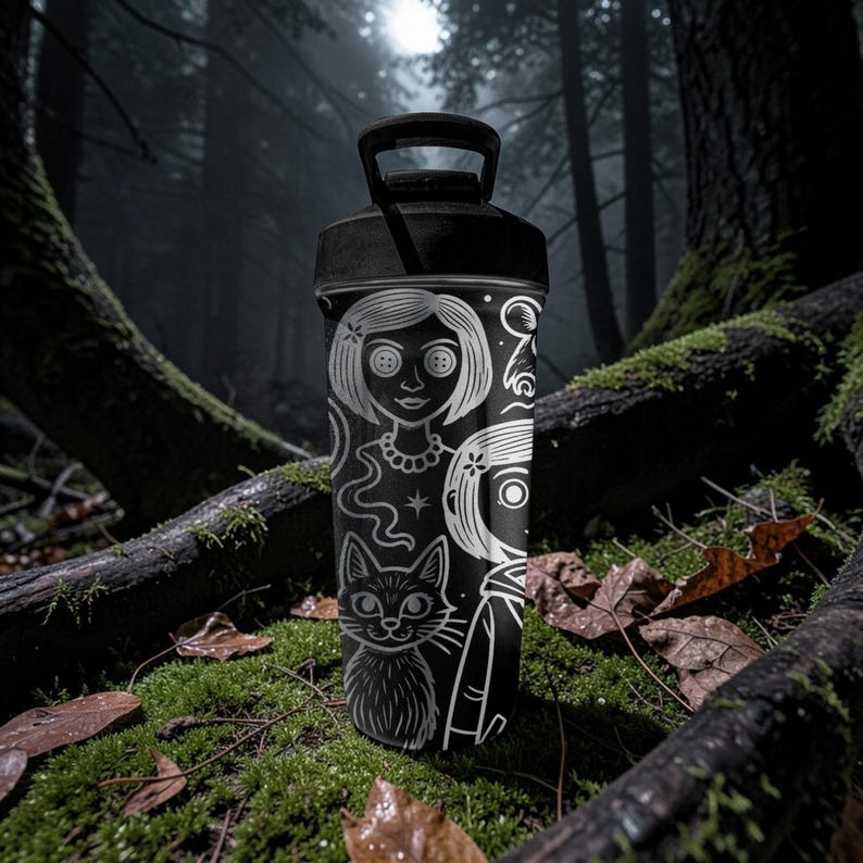 May include: Black water bottle with a black handle and lid. The bottle features a white illustration of a girl with button eyes, a cat, and other characters. The background is a dark forest scene.