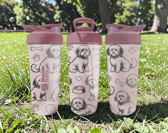 Shih Tzu BlenderBottle Shaker Cup – Engraved Fluffy Dog Wrap – 24oz Insulated Stainless Steel – Gift for Dog Lovers