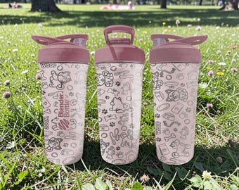 Cartoon Dog Doodle BlenderBottle Shaker Cup – Engraved Puppy Icons Wrap – 24oz Insulated Stainless Steel – Gift for Dog Lovers