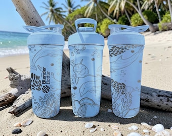 Dolphin BlenderBottle Shaker Cup – Engraved Dolphin Ocean Wrap – 24oz Dusty Blue Stainless Steel Dolphin Lover Gift for Beach & Marine Life