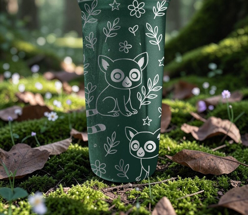 May include: A dark green tumbler with a white illustration of a cartoon lemur, leaves, flowers, and stars. The tumbler is cylindrical and appears to be made of metal or a similar material. The design is repeated around the tumbler.