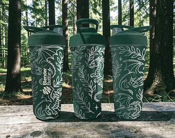 Dragon BlenderBottle Shaker Cup – Engraved Fantasy Dragon Wrap – 24oz Stainless Steel – Mythical Creature Gift – Dragon Lover Bottle