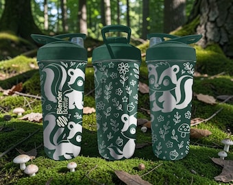 Cute Skunk BlenderBottle Shaker Cup – Engraved Skunk Wrap Design – 24oz Insulated Stainless Steel – Woodland Animal Gift