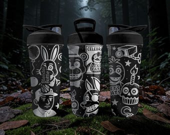 Animatronic Horror BlenderBottle Shaker Cup – Engraved Spooky Animatronic Character Wrap – 24oz Black Stainless Steel – Horror Game Bottle