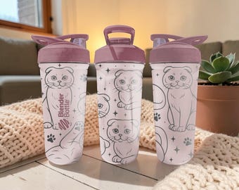 Scottish Fold Cat BlenderBottle Shaker Cup – Engraved Scottish Fold Cat Wrap – 24oz Insulated Stainless Steel – Cute Cat Lover Gift
