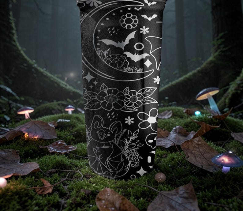 Pu&ograve; includere: Bicchiere nero con un'illustrazione bianca di pipistrelli, fiori e una luna crescente. Il design include un pipistrello con una corona di fiori. Il bicchiere &egrave; ambientato in una scena di foresta con funghi luminosi.