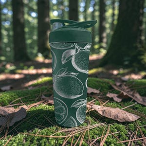 May include: A dark green water bottle with a white citrus fruit pattern. The bottle has a dark green lid and a flip-top opening. The background is a forest scene with green moss and fallen leaves.