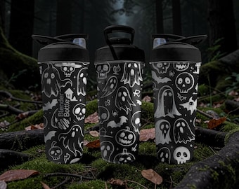 Tazza shaker BlenderBottle di Halloween con fantasma spettrale – Involucro di zucca con teschio di fantasma inciso – Acciaio inossidabile nero da 24 once – Bottiglia d'acqua di Halloween