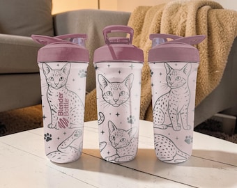 Savannah Cat BlenderBottle Shaker Cup – Engraved Savannah Cat Wrap – 24oz Insulated Stainless Steel – Exotic Cat Lover Gift