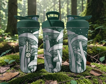 Copo Shaker BlenderBottle Cogumelo da Floresta – Revestimento Gravado com Cogumelos Silvestres – 710ml – Aço Inoxidável Térmico – Presente para Amantes da Natureza e da Floresta