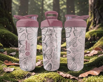 Butterfly BlenderBottle Shaker Cup – Engraved Butterfly Pattern Wrap – 24oz Insulated Stainless Steel – Nature Lover Gift