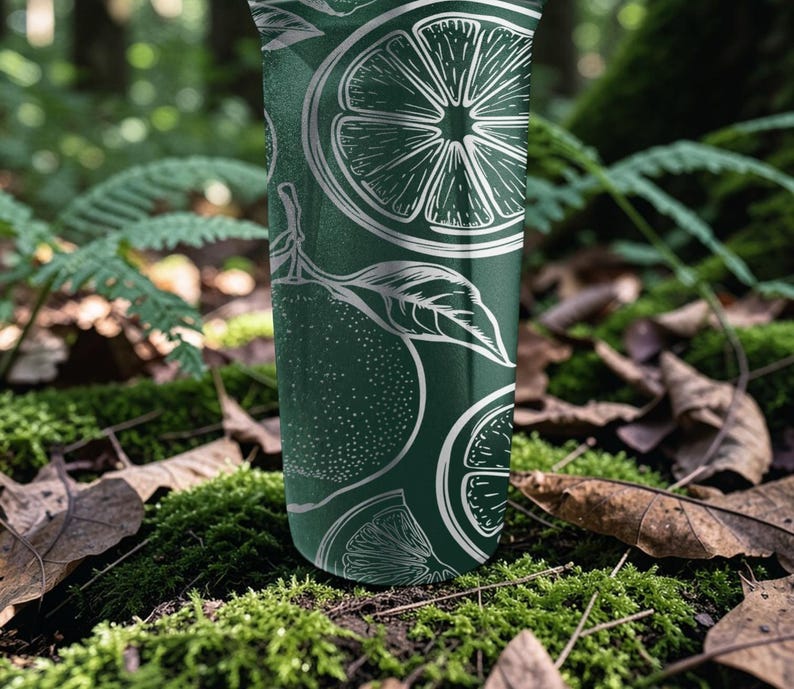 May include: A dark green tumbler with a white citrus fruit design. The design includes whole citrus fruits, slices, and leaves. The tumbler is cylindrical and appears to be made of metal. The background is a natural setting with green moss and fallen leaves.