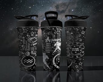 Copo Shaker BlenderBottle do Zodíaco de Aquário – Revestimento com Astrologia de Aquário Gravado – Aço Inoxidável 710ml – Presente para Amantes do Signo de Aquário