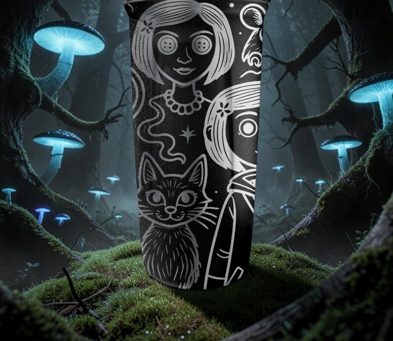 May include: Black tumbler featuring a detailed white illustration of a girl with button eyes, a cat, and other whimsical elements. The design is set against a dark background, evoking a mysterious and fantastical theme. The tumbler is cylindrical and appears to be made of a durable material.