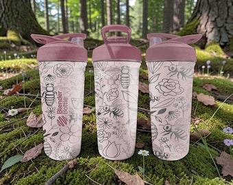 Bee BlenderBottle Shaker Cup – Engraved Bee and Floral Wrap – 24oz Insulated Stainless Steel – Honey Bee Lover Gift