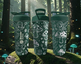 Fairy BlenderBottle Shaker Cup – Engraved Fairy & Mushroom Wrap – 24oz Stainless Steel – Fantasy Cottagecore Gift – Magical Bottle