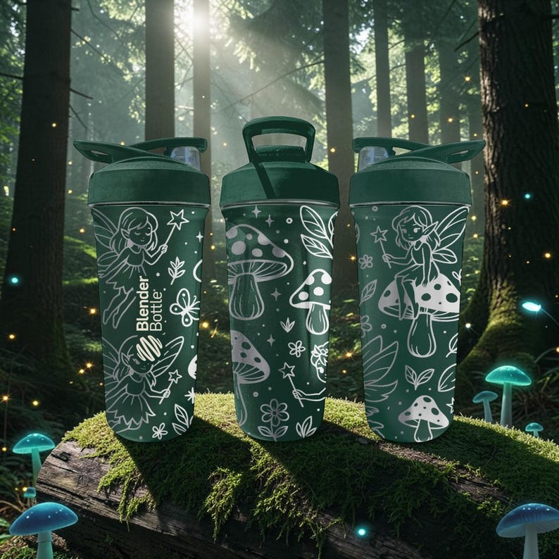 Puede incluir: Tres botellas Blender verdes con dise&ntilde;os de hadas y hongos blancos. Las botellas tienen una tapa y un asa de color verde oscuro. Est&aacute;n decoradas con ilustraciones blancas de hadas, hongos, estrellas y hojas. El texto "Blender Bottle" est&aacute; impreso.