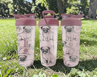 Pug BlenderBottle Shaker Cup – Engraved Cute Dog Wrap – 24oz Insulated Stainless Steel – Gift for Dog Lovers