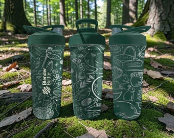 Woodland Nature BlenderBottle Shaker Cup – Engraved Forest Animals & Garden Wrap – 24oz Insulated Stainless Steel – Cottagecore Gift