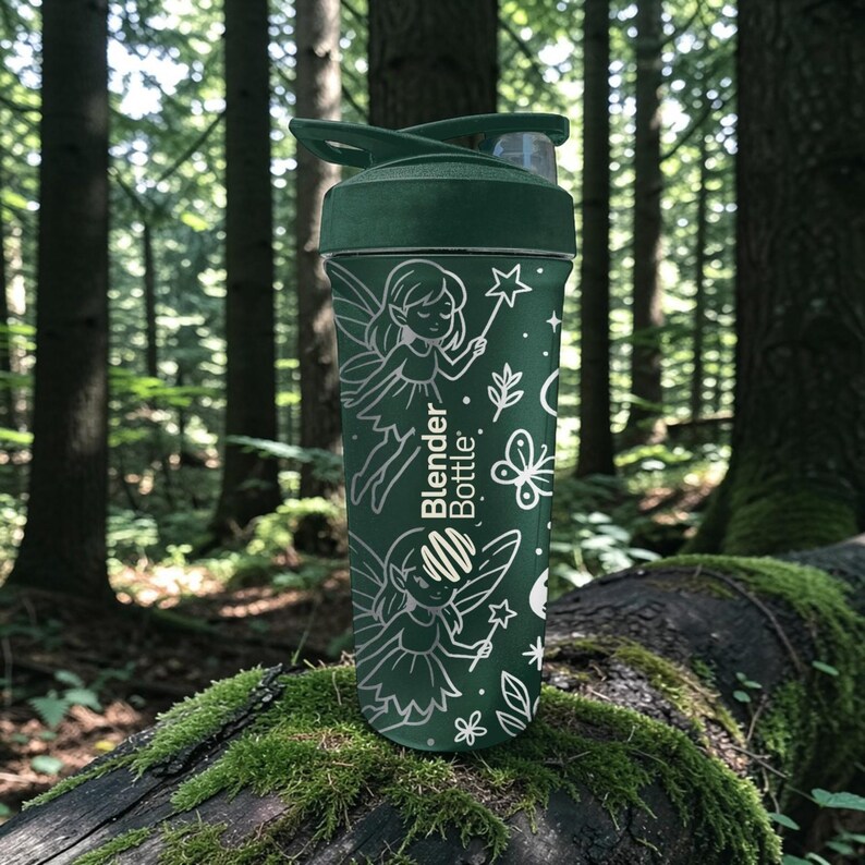 Puede incluir: Una botella verde Blender Bottle con tapa abatible, con una ilustraci&oacute;n blanca de hadas, estrellas y elementos bot&aacute;nicos. La botella est&aacute; colocada frente a un bosque con troncos cubiertos de musgo.